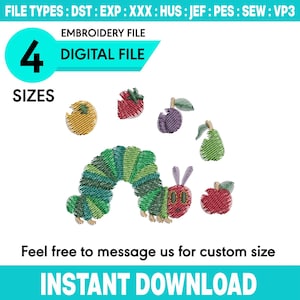 Puede incluir: Una descarga digital de archivo de bordado con una oruga verde y azul, varias frutas y el texto "4 TAMAÑOS". La imagen incluye el texto "ARCHIVO DE BORDADO" y "ARCHIVO DIGITAL". La parte inferior de la imagen dice "DESCARGA INSTANTÁNEA".