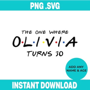 May include: A digital graphic design featuring the black text THE ONE WHERE OLIVIA TURNS 30. The name OLIVIA is written in a bold font with small colored dots between each letter. A turquoise circle in the corner contains the text ADD ANY NAME & AGE.