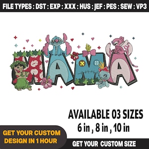 May include: An embroidered design featuring the word "MAMA" with characters and tropical elements. The design includes the text "AVAILABLE 03 SIZES 6 in, 8 in, 10 in" and "GET YOUR CUSTOM DESIGN IN 1 HOUR".