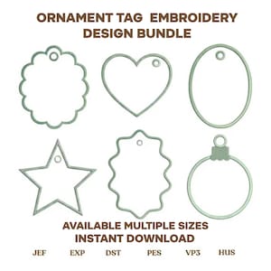 May include: A collection of six green embroidery design templates in various shapes: a scalloped tag, a heart, an oval, a star, a wavy tag, and a Christmas ornament. The text "ORNAMENT TAG EMBROIDERY DESIGN BUNDLE" is at the top. The text "AVAILABLE MULTIPLE SIZES INSTANT DOWNLOAD" is at the bottom.