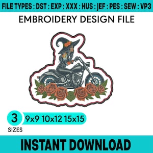 Könnte beinhalten: Eine Stickdatei mit einer Hexe mit spitzem Hut auf einem Motorrad, umgeben von roten Rosen. Der Text umfasst FILE TYPES: DST : EXP : XXX : HUS : JEF : PES : SEW : VP3, EMBROIDERY DESIGN FILE, 3 SIZES 9x9 10x12 15x15 und INSTANT DOWNLOAD.