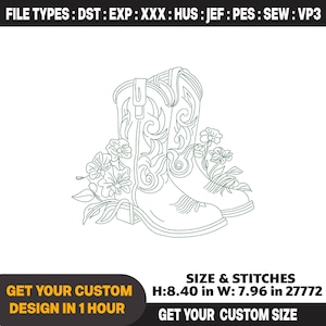 Puede incluir: Ilustración lineal de botas de vaquero con detalles florales. Las botas presentan costuras decorativas. El diseño mide 21,3 cm de alto y 20,2 cm de ancho.