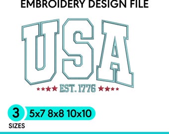 USA Embroidery Design, USA Applique Embroidery File, Patriotic Varsity Lettering, Instant Download Digital File for Hats Shirts Jackets