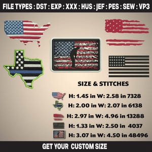 May include: Embroidered patches featuring American flag designs, including a map of the USA, a Texas outline with a blue line, and a golfer silhouette. The image also includes size and stitch count details.