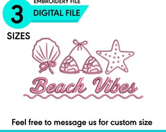Diseño de bordado "Ambiente playero", patrón de bordado de playa veraniega, archivo de bordado de bikini, conchas y estrellas de mar, estilo de camisa para vacaciones costeras.