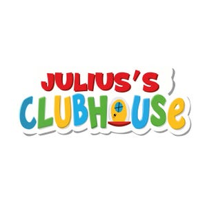 May include: A colorful sticker featuring the text "JULIUS'S CLUBHOUSE" in a playful, cartoon style. The word "JULIUS'S" is in red, while "CLUBHOUSE" is in blue, green, yellow, and orange. A small, cartoonish house is incorporated into the design.
