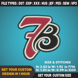 May include: Embroidered patch featuring the number "73" in a stylized design. The "7" is red with a white outline, and the "3" is black with a white outline. The patch is 2.03 inches high and 1.92 inches wide. The text "GET YOUR CUSTOM DESIGN IN 1 HOUR" is also visible.