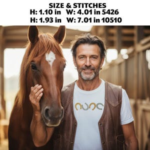 May include: A man wearing a white t-shirt with gold and silver horseshoe designs, and a brown leather vest, stands next to a brown horse. The image includes text that reads "SIZE & STITCHES" and measurements in inches.