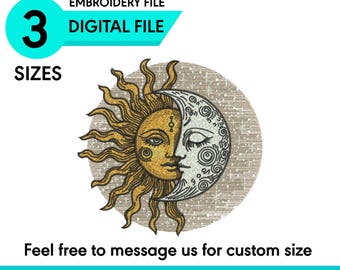 Bordado Sol y Luna – Arte en Bastidor Luna Creciente Estrellas – Patrón Bordado a Máquina – Descarga Instantánea