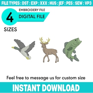 Op de afbeelding: Digitaal borduurbestand met vier maten. De afbeelding toont een eenden-, herten- en visontwerp. De tekst luidt "EMBROIDERY FILE DIGITAL FILE" en "INSTANT DOWNLOAD".