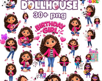 Doll and Kitty inspired themed Clipart 30 PNGs Bundle,Doll inspired Fonts Crafty Girl & Kitty Friends birthday Clipart Pack