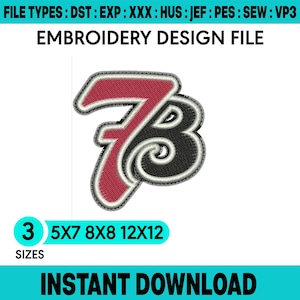 May include: An embroidery design file featuring the number 7 and the letter B intertwined. The 7 is dark red with a white and black outline, while the B is black with a white and black outline. Text includes FILE TYPES: DST : EXP : XXX : HUS : JEF : PES : SEW : VP3, EMBROIDERY DESIGN FILE, 3 SIZES 5X7 8X8 12X12, and INSTANT DOWNLOAD.