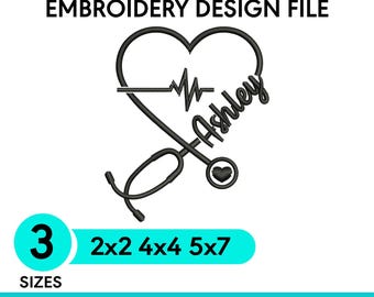 Personalized Nurse Heart Embroidery Design, Stethoscope Name Embroidery File, Nurse Gift Scrub Shirt Instant Download