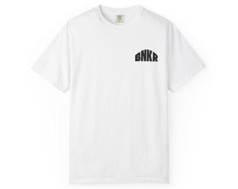 BNKR Arch Logo T-Shirt | Minimal Chest Graphic, White Cotton