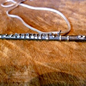 Puede incluir: Un collar de plata con forma de flauta y una cadena de plata. La flauta tiene notas musicales grabadas.