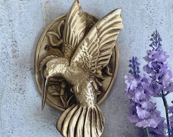 Handmade Brass Hummingbird Door Knocker | Antique Finish Bird Knocker with Floral Design