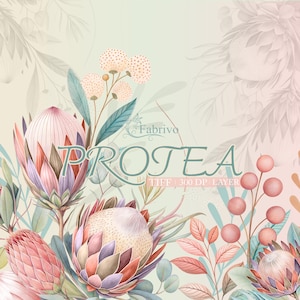 Könnte beinhalten: Digitale Illustration mit Protea-Blüten in Rosa-, Pfirsich- und Lilatönen, mit grünen und blauen Blättern. Das Wort „PROTEA“ wird in einer weichen grünen Schrift angezeigt. Der Hintergrund hat einen Aquarelleffekt mit zusätzlichen floralen Elementen.