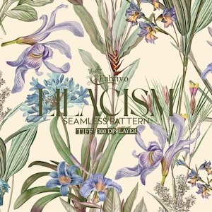 Könnte beinhalten: Ein nahtloses Muster mit verschiedenen violetten, blauen und grünen Blumen und Blättern. Das Muster trägt den Titel "Lilacism Seamless Pattern" und enthält den Text "TIFF 300 DP LAYER".