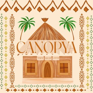 Könnte beinhalten: Illustration einer tropischen Szene mit einer Hütte, Palmen und dem Wort "CANOPYA" in einer warmen, erdigen Farbpalette. Das Design umfasst dekorative Bordüren mit geometrischen und floralen Mustern.