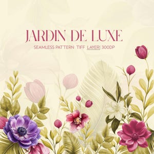 Könnte beinhalten: Ein nahtloses Muster mit einer Aquarell-Illustration von rosa, lila und weißen Blumen mit grünen Blättern und weißen Palmblättern. Der Text "JARDIN DE LUXE" befindet sich oben im Bild. Der Text "SEAMLESS PATTERN TIFF LAYER 300DP" befindet sich unter dem Titel.