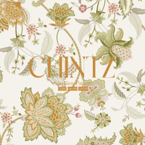 Könnte beinhalten: Ein nahtloses Muster mit einem floralen Design in Grün, Gelb und Rosa. Das Muster heißt "Chintz" und ist ein digitaler Download im TIFF-Format mit 300 DPI.