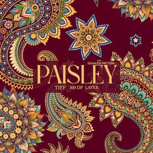 Könnte beinhalten: Nahtloses Paisley-Muster in Türkis-, Gold- und Blautönen auf tiefrotem Hintergrund. Das Design zeigt komplizierte Blumen- und Tropfenmotive. Der Text auf dem Bild lautet "PAISLEY" und "SEAMLESS PATTERN".
