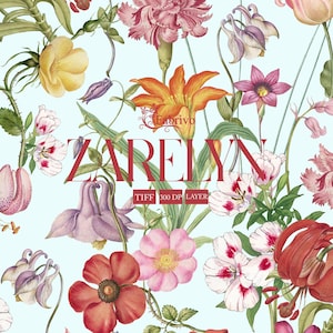 Könnte beinhalten: Ein Blumenmuster mit einer Vielzahl von Blumen in Rosa-, Rot-, Gelb- und Lilatönen vor einem hellblauen Hintergrund. Das Wort "ZARELYN" ist in fetter, roter Schrift dargestellt, zusammen mit dem Fabrivo-Logo und "TIFF 300 DP LAYER".