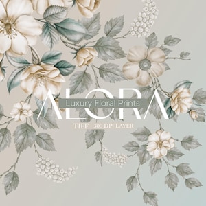 Könnte beinhalten: Digitale Illustration eines floralen Designs mit cremefarbenen Blüten, salbeigrünen Blättern und weißen Beeren. Der Text "ALORA Luxury Floral Prints" ist auf dem Bild überlagert. Der Hintergrund hat einen Farbverlauf von hellbeige zu hellblau.
