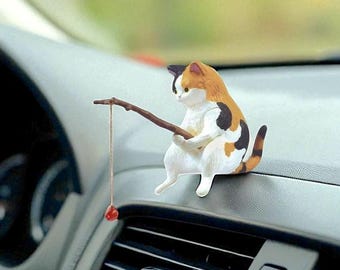 Handmade Minimalist Fishing Cat Car Dashboard  – New Driver Gift, Cats Lover Gift, Kawaii Desk cat, Aesthetic Car Decor, Mini Cat