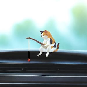 Super Cute Cat Fishing Car Dashboard Decor – Cute Mini Cat – Cat Lover Gift – Car Mirror Decor– Cute Car Accessory - Cute Cat Figurine