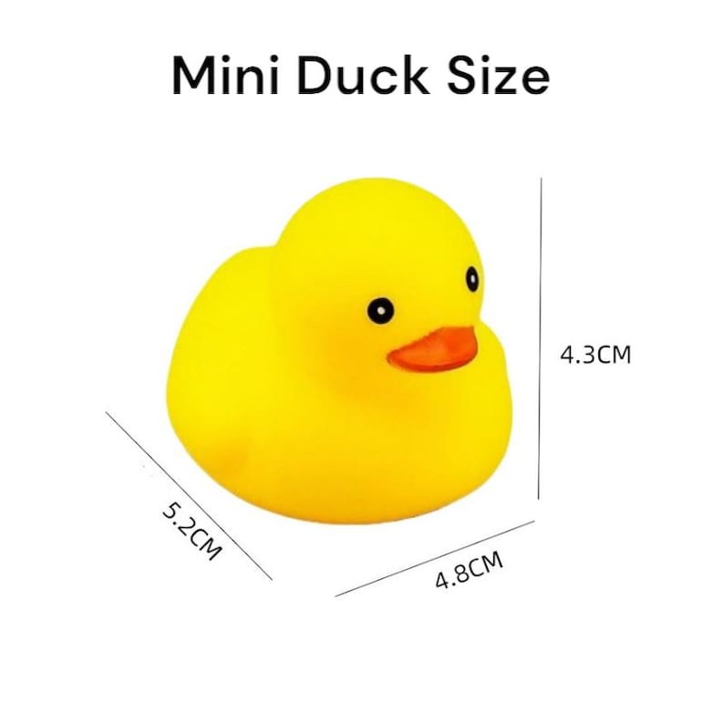 Op de afbeelding: Een gele rubberen eend met zwarte ogen en een oranje snavel. De eend is 5,2 cm lang, 4,8 cm breed en 4,3 cm hoog. De tekst "Mini Duck Size" staat boven de eend.