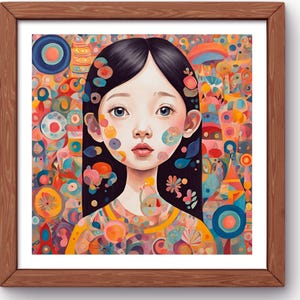 Whimsical Portrait Print, Colorful Surreal Art, Dreamy Girl Illustration, Psychedelic Aesthetic Wall Decor, Digital Download