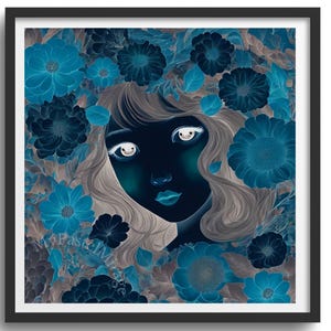 Mystical Blue Floral Portrait Digital Print, Dark Fantasy Wall Art, Ethereal Gothic Bedroom Decor, Downloadable