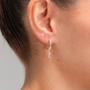 Birthstone Earrings, Gold Filled Earrings, Dangling Hoop Earrings, Gemstone Drop Hoops, Gift for Her