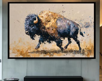 Buffalo Panoramic Framed Wall Art: Bison Painting Print, Western Rustic Decor
