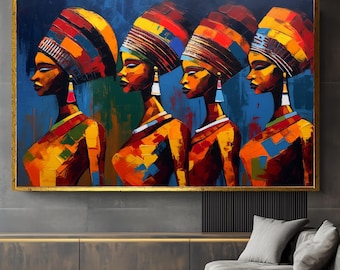 Impresión en lienzo afrocéntrica: retrato abstracto de mujeres negras, arte tribal