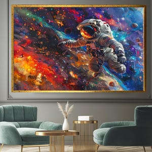Astronaut Canvas Wall Art Colorful Galaxy Painting Space Exploration Decor Cosmic Universe Print Sci-Fi Wall Hanging Large Framed Space Art