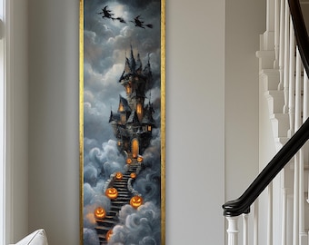 Haunted House Wall Art, Halloween Castle Canvas Print, Gothic Spooky Wall Decor, Witch Flying Artwork, Long Vertical Framed Canvas