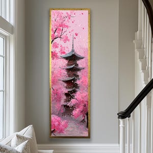 Japansk Sakura-väggkonst, Körsbärsblomspagodan, Långsmal asiatisk dekor, Vertikal inramad zenkonst