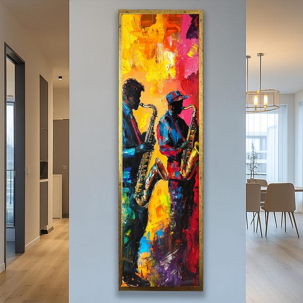 African Jazz Wall Art, Long Narrow Music Canvas Print, Black Jazz Saxophone Artwork, Colorful Framed Vertical Art Modern Musician Wall Decor