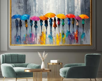 Colorful Rain Street Canvas Art: Abstract Cityscape Painting