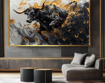 Gold Black Bull Wall Art : Abstract Bull Canvas Print, Luxury Animal Painting