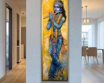 Krishna Tall Thin Wall Art: hinduski długi, wąski wydruk na płótnie w ramie