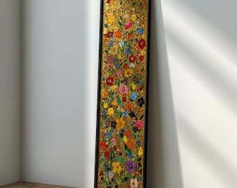 Gustav Klimt Floral Wall Art : Long Narrow Gold Flower Canvas, Colorful Botanical Artwork