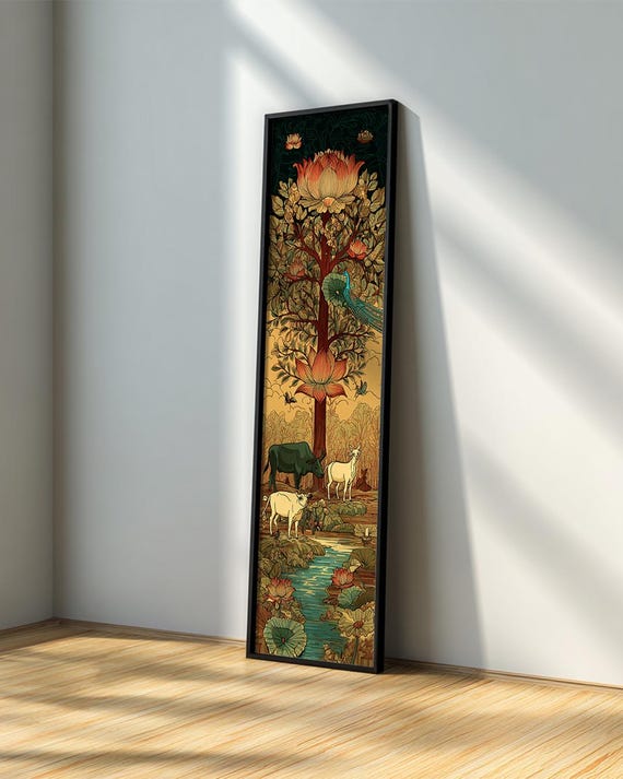 Long Narrow Pichwai Canvas Wall Art, Indian Cow and Peacock Painting, Lotus Floral Hindu Artwork