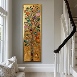 Tall Narrow Tree of Life Wall Art: Gustav Klimt Canvas Print, Gold Botanical Decor