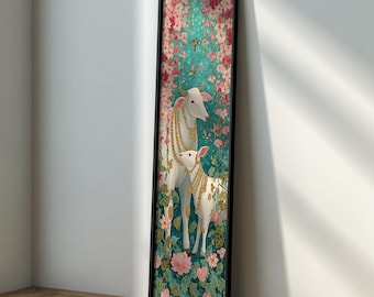 Arte de pared largo y estrecho con diseño de vaca Pichwai: decoración de vaca sagrada india, pintura floral hindú