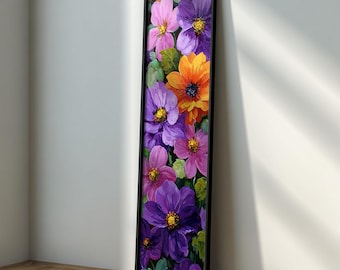 Arte mural floral largo y estrecho: lienzo con flores coloridas, obra botánica vertical