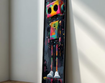 Op de afbeelding: Een ingelijste verticale kunstdruk met een kleurrijk robotontwerp. De robot heeft een doosvormige kop met twee grote ronde ogen en een rechthoekig lichaam. Het lichaam en de benen van de robot zijn beschilderd met levendige kleuren en hij draagt witte sneakers. De achtergrond is donker met kleurrijke verfspatten.