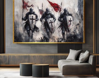 Könnte beinhalten: Ein Ölgemälde zeigt drei Ritter in schwarzer Rüstung, die jeweils einen Speer und einen Schild mit einem weißen Kreuz halten. Sie rennen vorwärts, mit roten Fahnen im Hintergrund. Das Kunstwerk ist in einem goldenen Rahmen gerahmt.